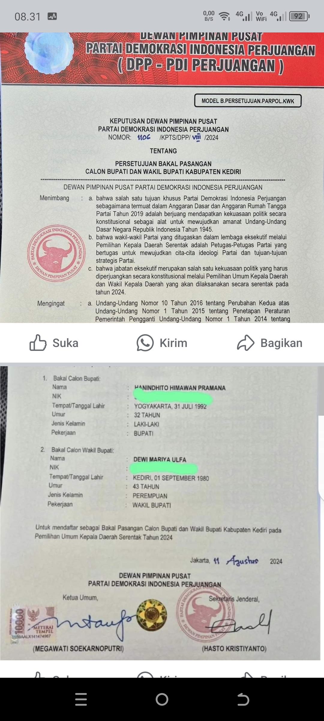 Pilkada Kediri 2024, PDIP Berikan Rekom kepada Dhito - Dewi