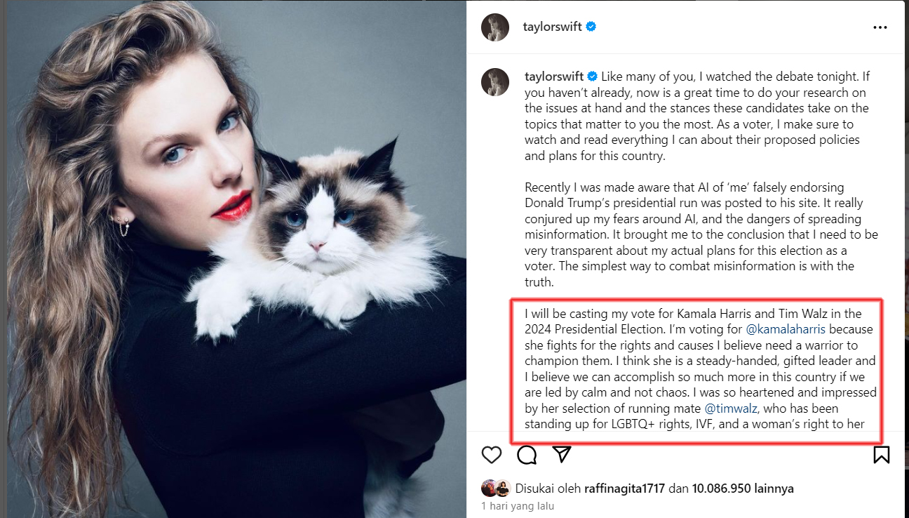 Taylor Swift dukung Kamala Haris