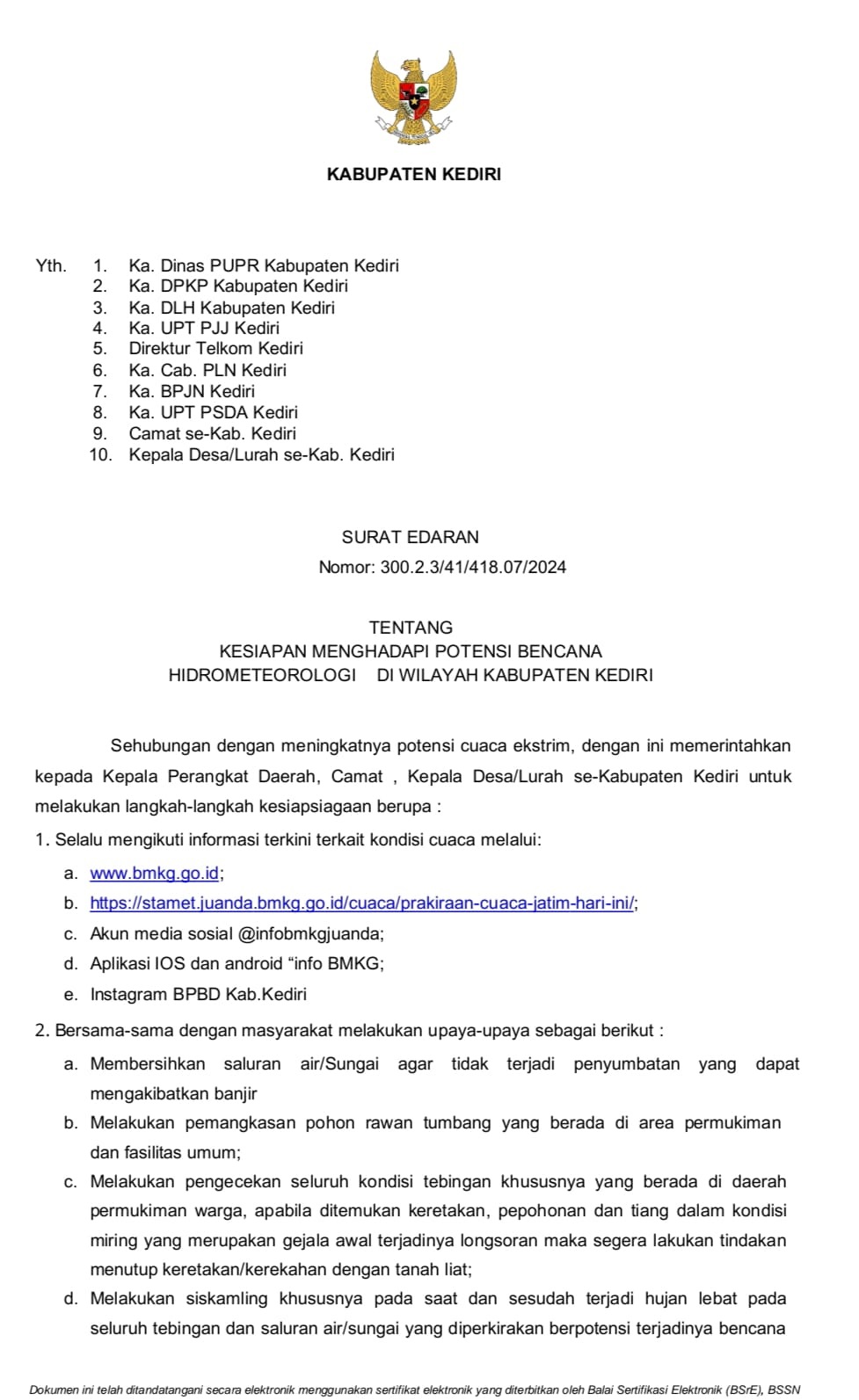 Pemkab Kediri terbitkan Surat Edaran Hadapi Kebencanaan, Untuk Kepala SKPD, Camat dan Kepala Desa