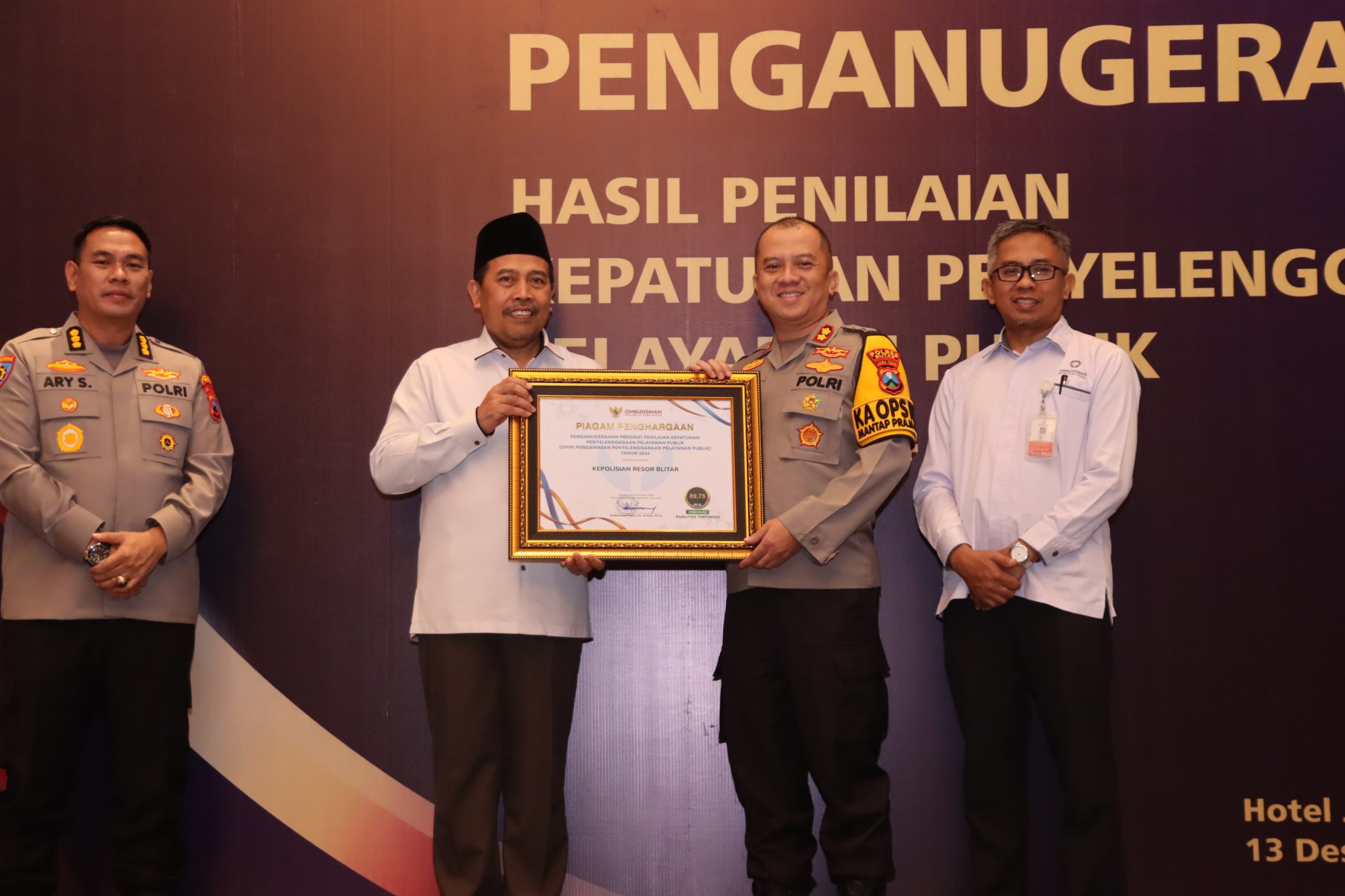 Polres Blitar Raih Penghargaan Ombudsman RI dari Inovasi Jumat Berkah dan SKCK Keliling