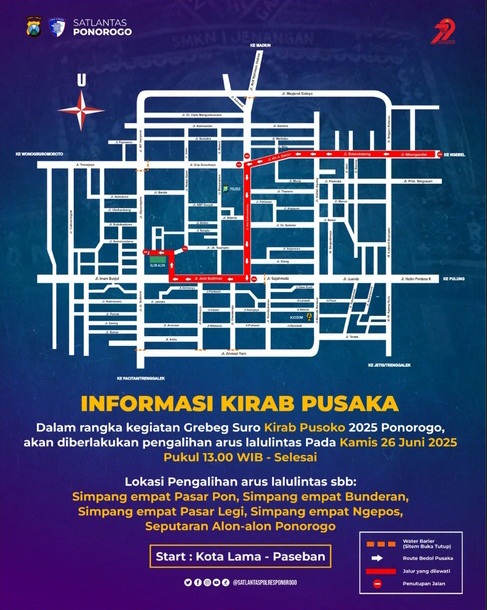Rekayasa Lalulintas Kirab Pusaka : Satlantas Polres Ponorogo: Beberapa Ruas Ditutup Total