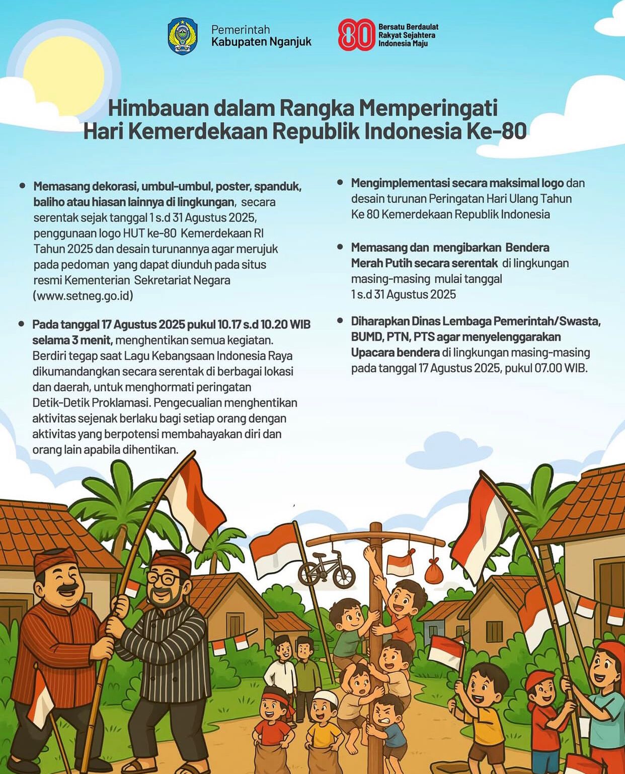 Bupati Marhaen Imbau Warga Nganjuk Pasang Dekorasi dan Ikut Hening Cipta di HUT ke-80 RI