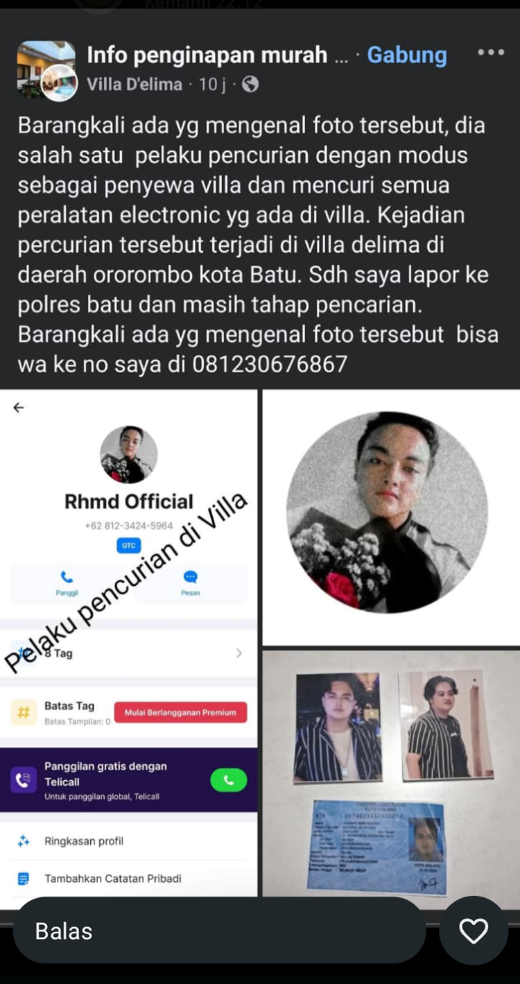 Gasak Perkakas Villa dengan Modus Sewa, Marak Di Kota Batu