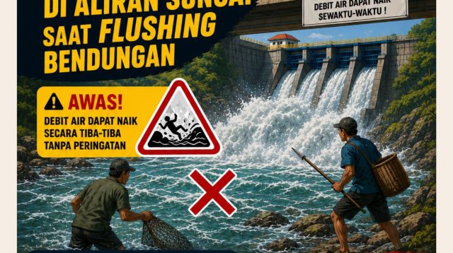 Poster imbauan BPBD Kabupaten Kediri waspada saat mencari ikan di Sungai Brantas.