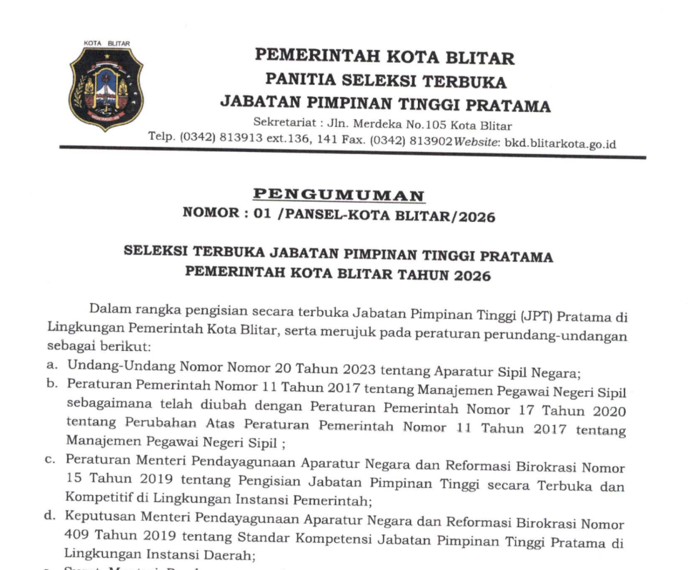 Dibuka, Lelang Enam Jabatan Setingkat Kepala Dinas di Kota Blitar, Tertarik?