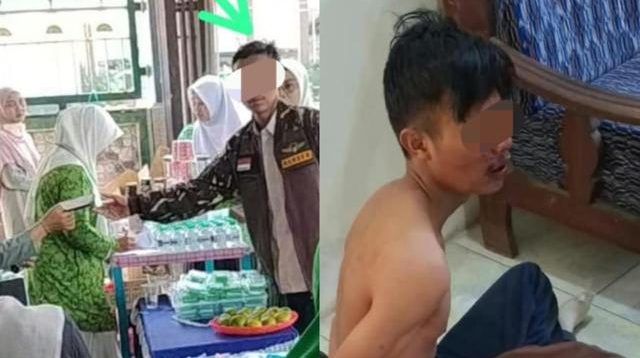 Sesosok seorang pria beratribut banser pelaku pencuri handphone di Posko Muktamar ke-35 NU, Desa Kepuhkembeng, Kecamatan Peterongan, Kabupaten Jombang.
