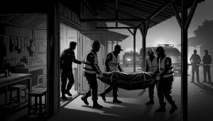 Ilustrasi petugas mengevakuasi mayat dari dalam warung.( gambar dihasilkan dengan bantuan AI)