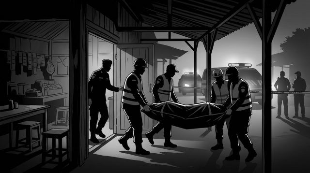Ilustrasi petugas mengevakuasi mayat dari dalam warung.( gambar dihasilkan dengan bantuan AI)