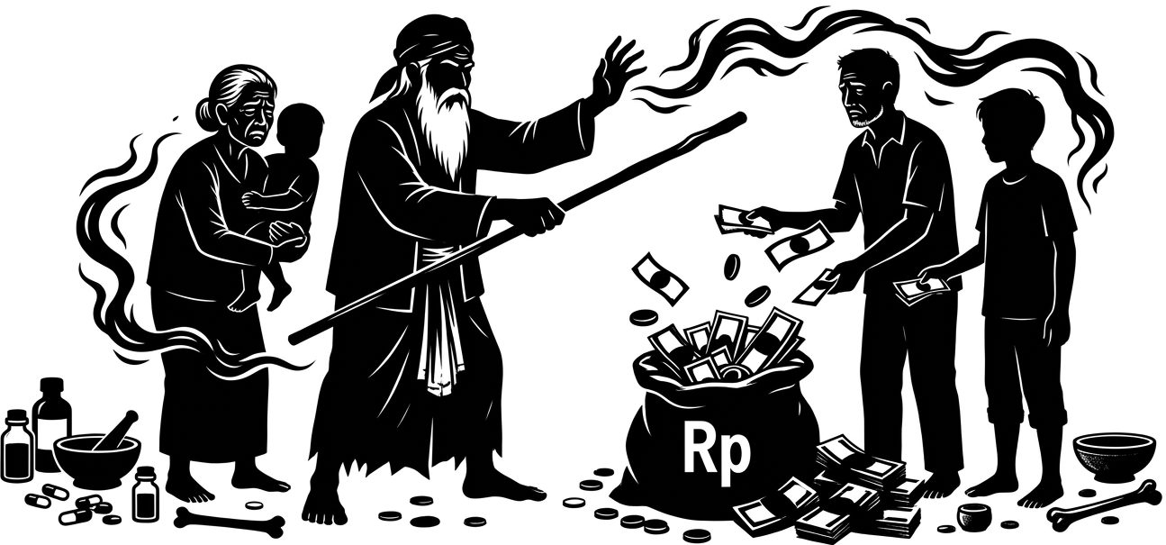 Ilustrasi dukun menipu puluhan juta dengan modus penyembuhan.