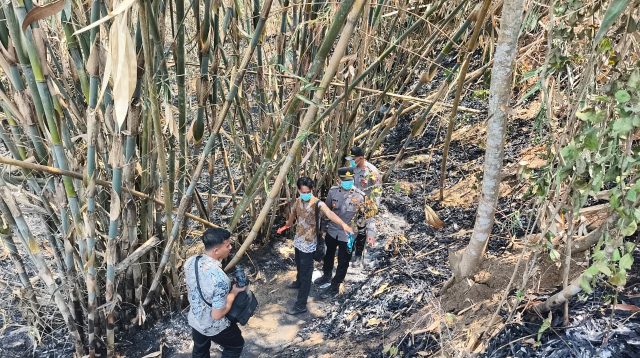 Petugas saat olah tempat kejadian pekara korban meninggal terbakar dari lahan bambu.