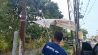 Anggota Satpol PP Ponorogo saat melakukan penertiban banner.