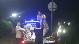 Petugas Polsek Kras evakuasi jasad korban tabrak kereta di Desa Purwodadi Kras Selasa dini hari.